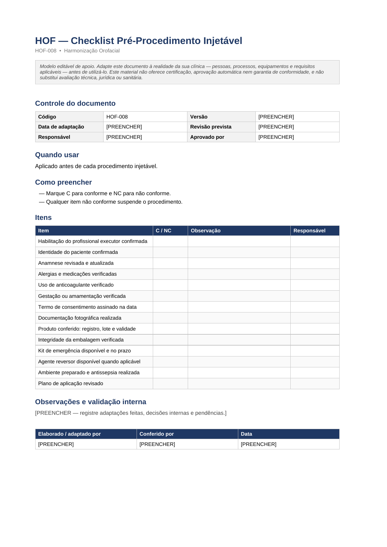 Primeira página do documento Checklist Pré-Procedimento Injetável