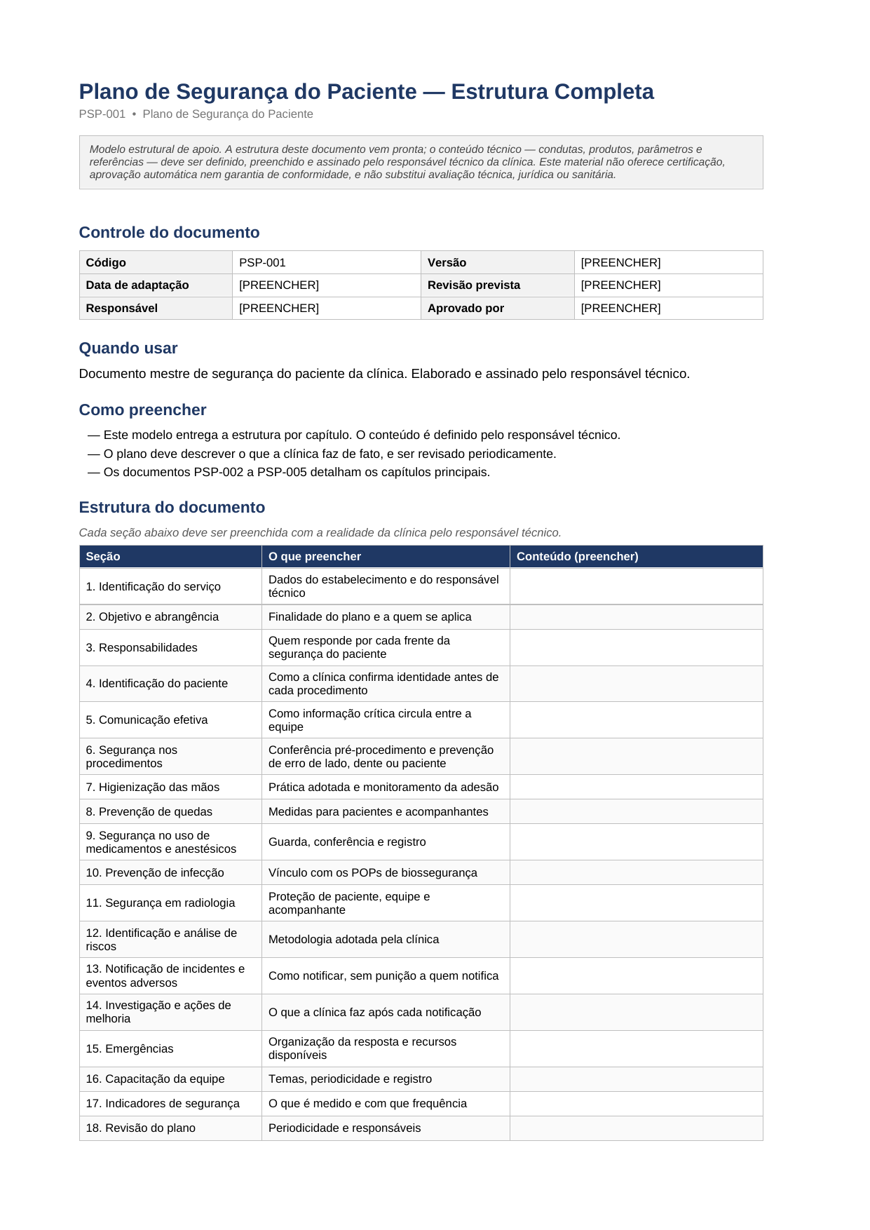 Primeira página do documento Plano de Segurança do Paciente