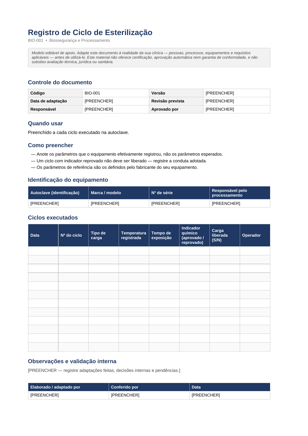 Primeira página do documento Registro de Ciclo de Esterilização