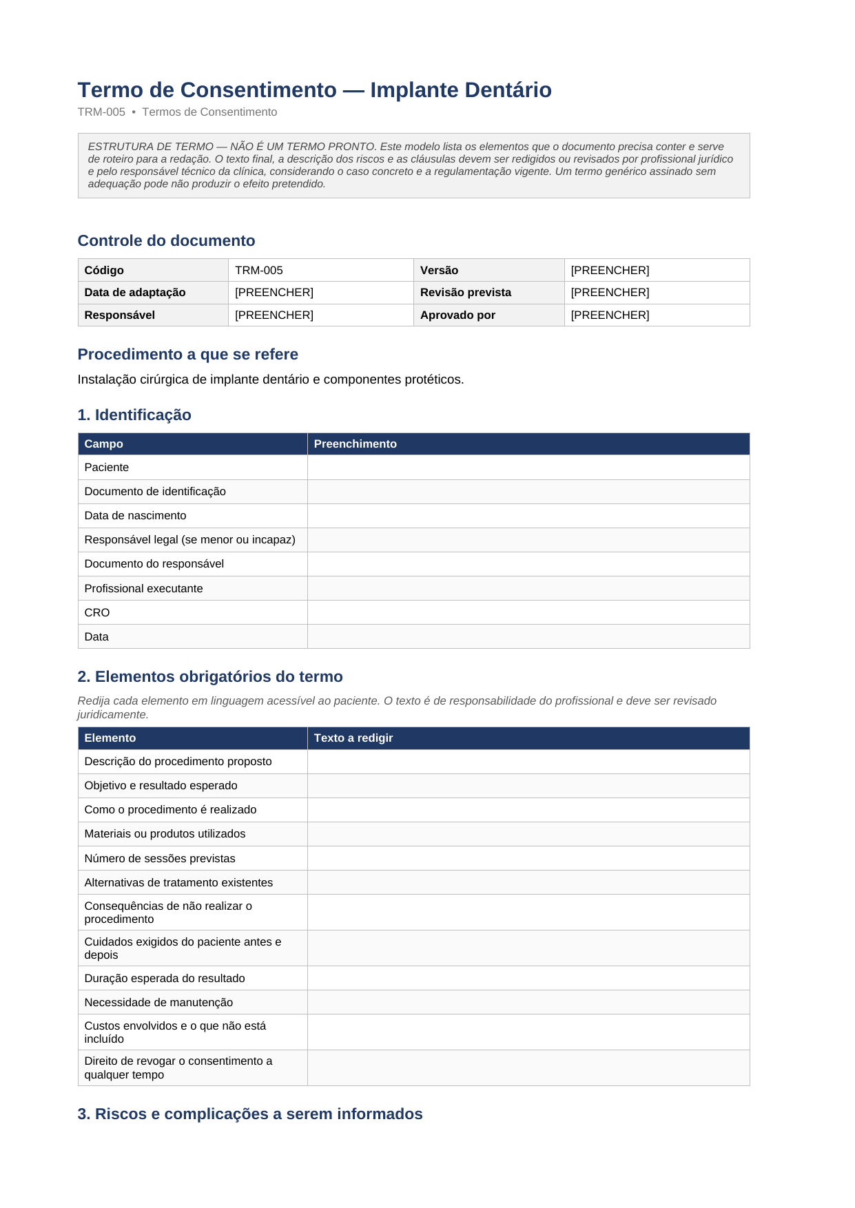Primeira página do documento Termo de Consentimento para Implante Dentário